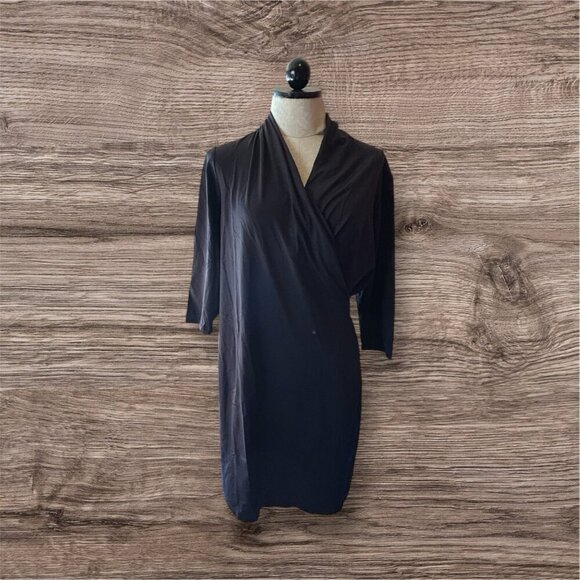 J McLaughlin Solid Black Stretch Dress V-Neck Wrap Dress Sz M Knee Length - Picture 1 of 9